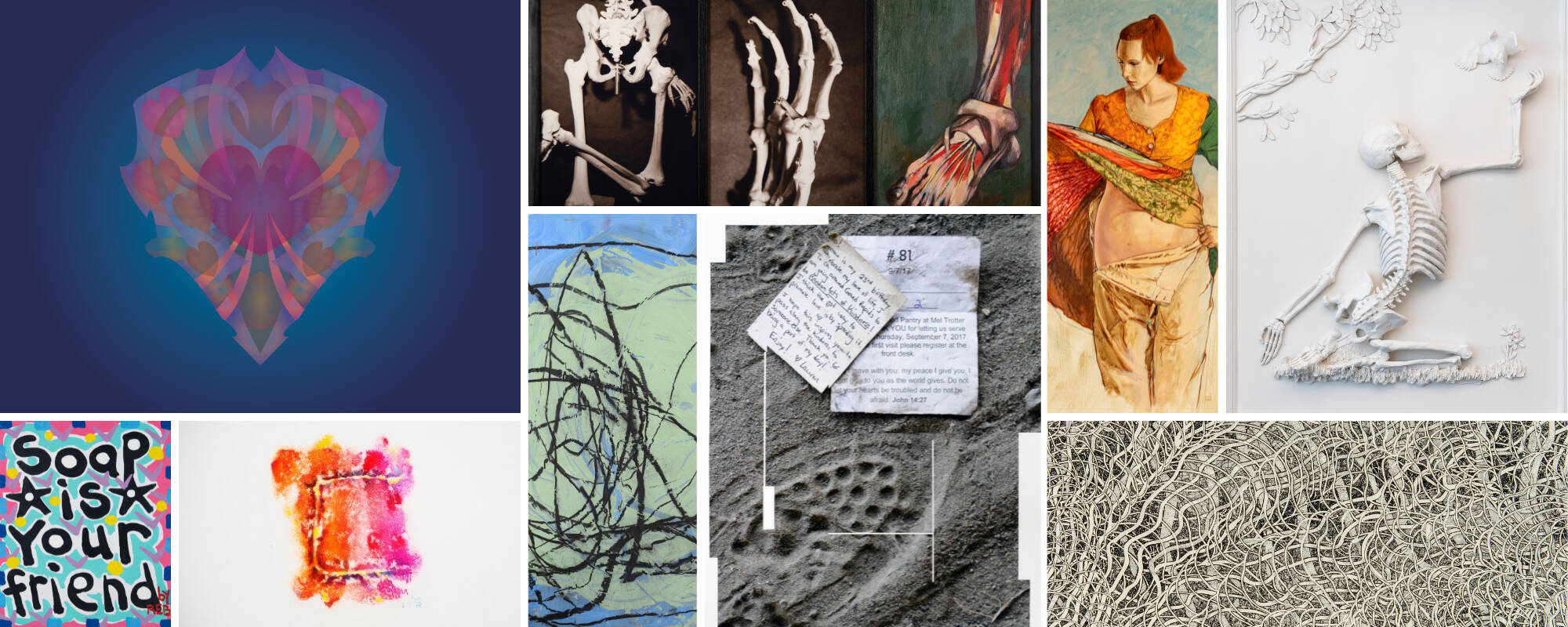 Collage of nine images from the GVSU Art Museum Collection relating to the theme of Physical Health and Well-Being.